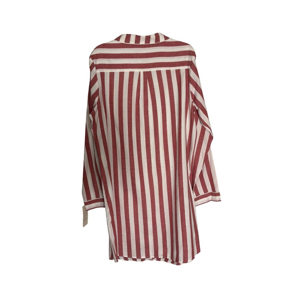 Red & White Striped Button-Down Nightshirt By Stars Above Long Sleeves Flannel M - Picture 4 of 10